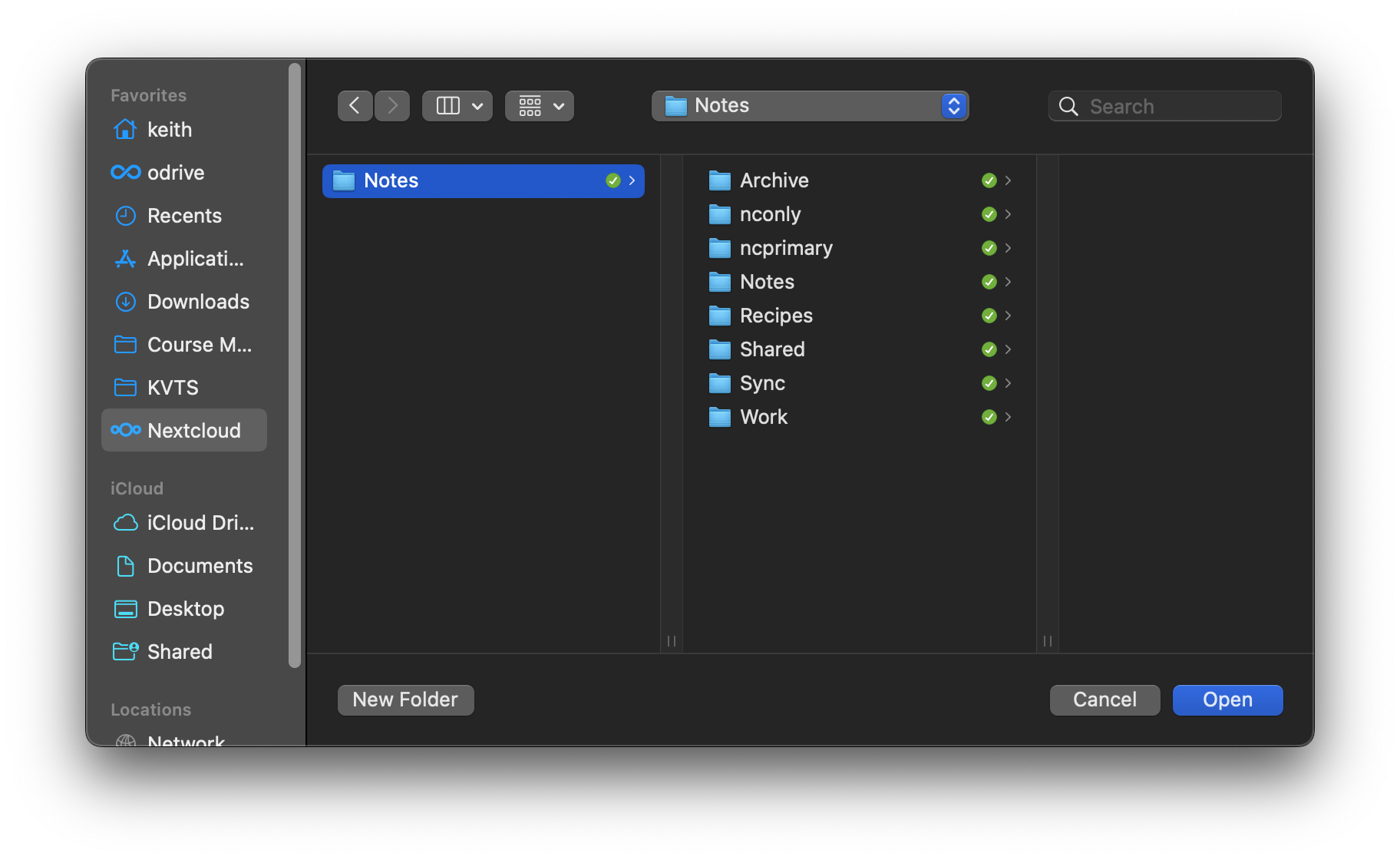 Selecting local notes folder